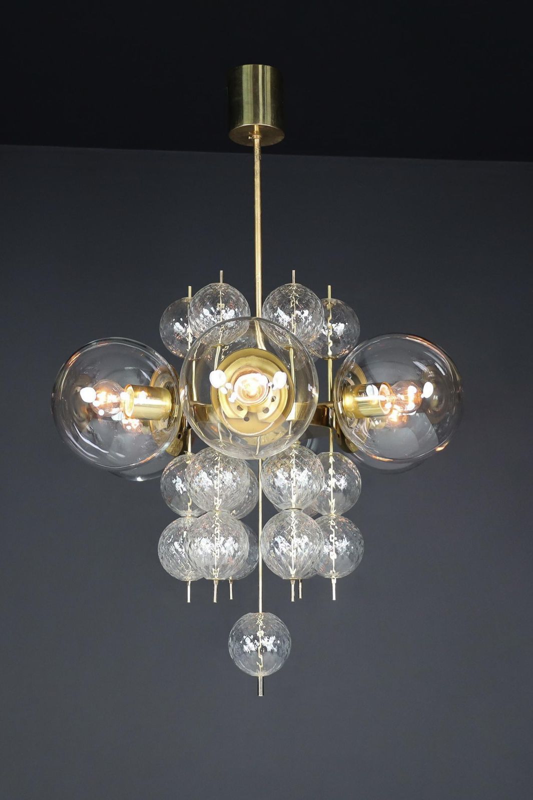 Mid Century Chandelier With Brass Fixture And  Glass Globes By Preciosa, Czechia photo furniture