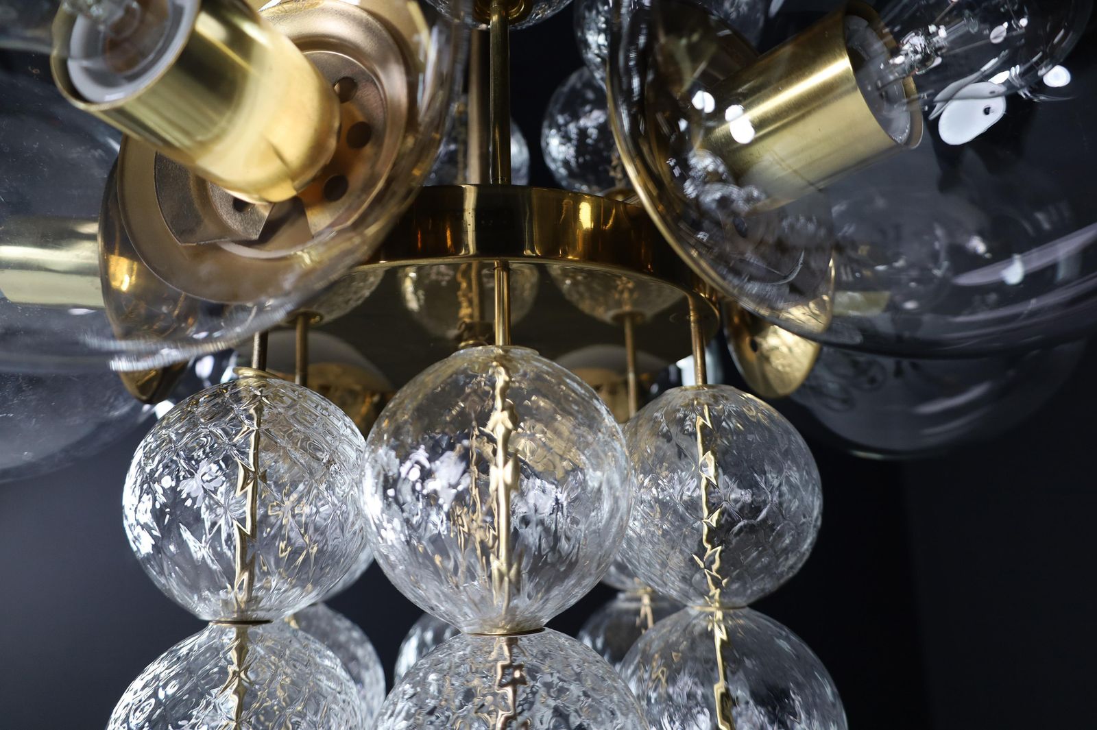 Mid Century Chandelier With Brass Fixture And  Glass Globes By Preciosa, Czechia photo for sale