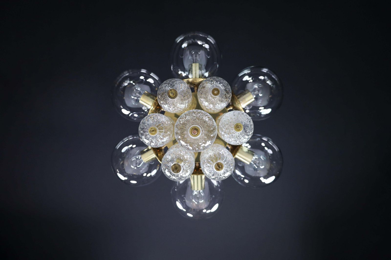 photo for sale Mid Century Chandelier With Brass Fixture And  Glass Globes By Preciosa, Czechia