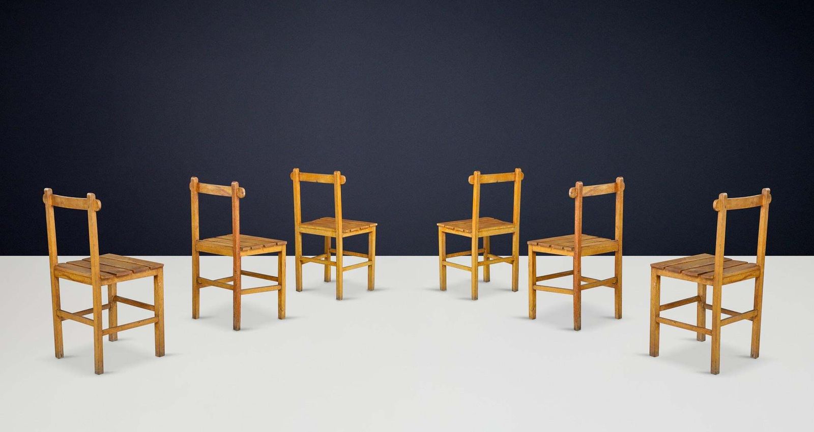 Set Of 6 Primitive Rustic Beech Dining Chairs, France, 1950s photo for sale