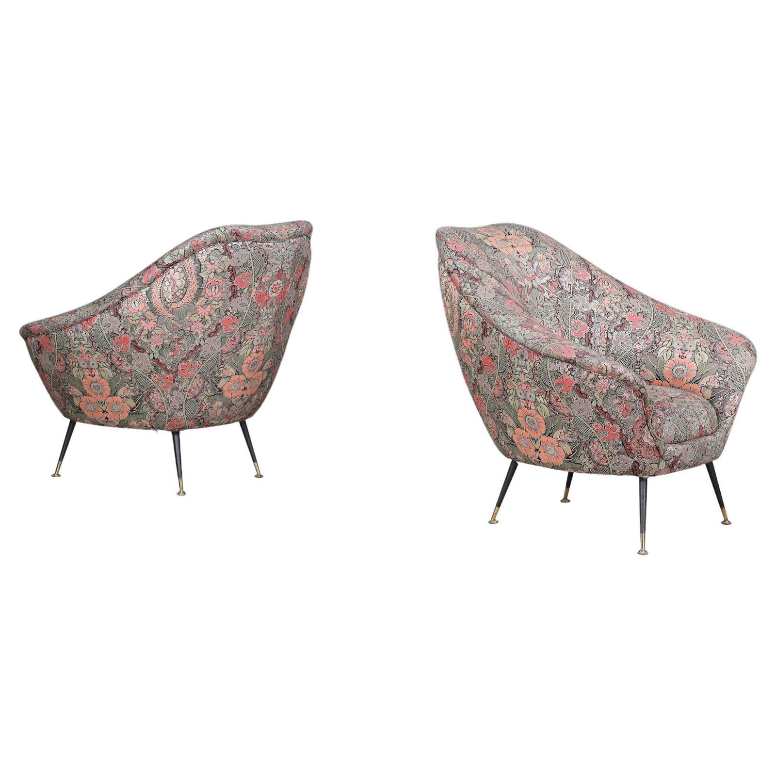 Federico Munari Armchairs In Original Floral Upholstery With Brass Feet.