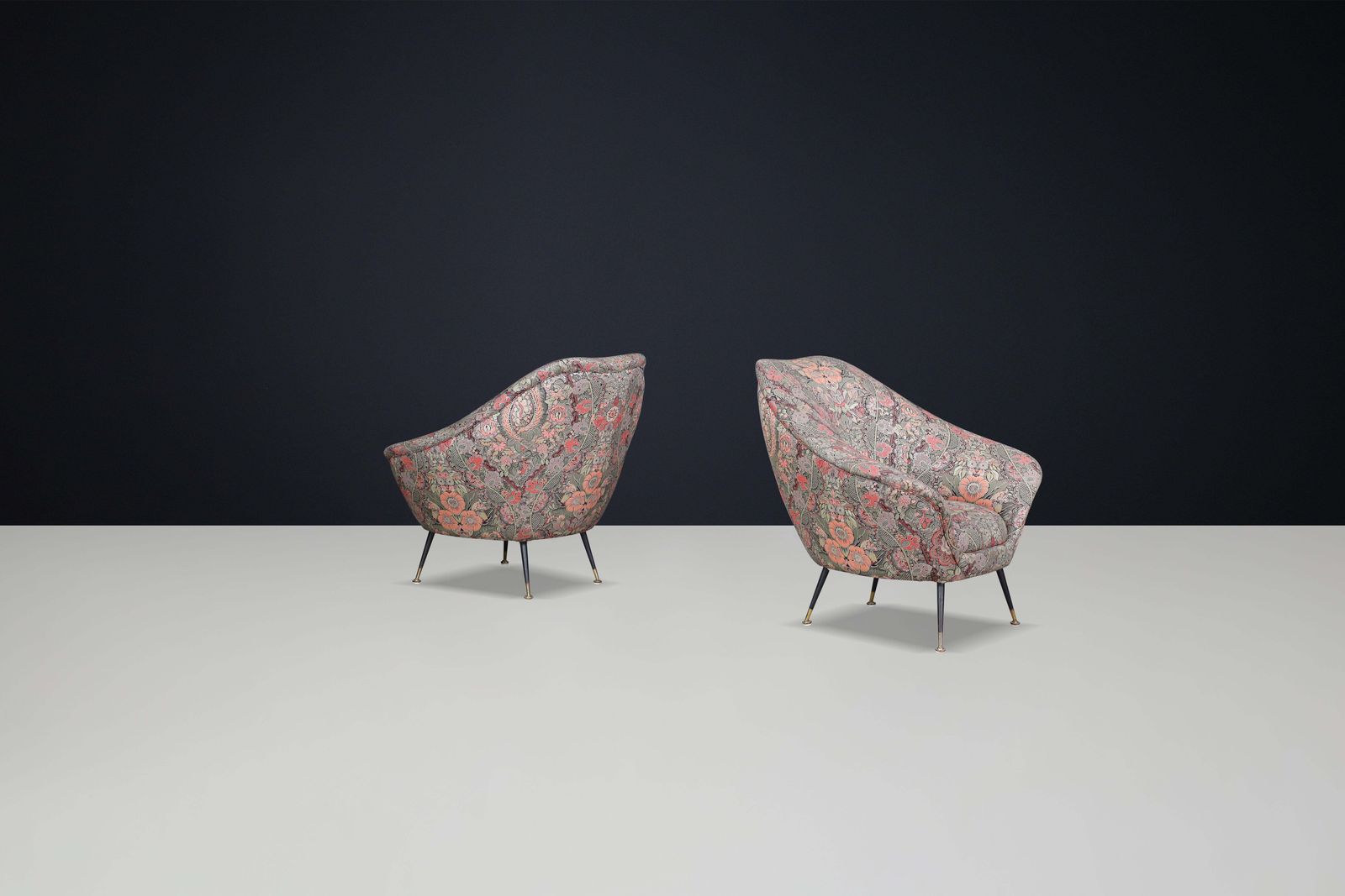 Federico Munari Armchairs In Original Floral Upholstery With Brass Feet. photo furniture