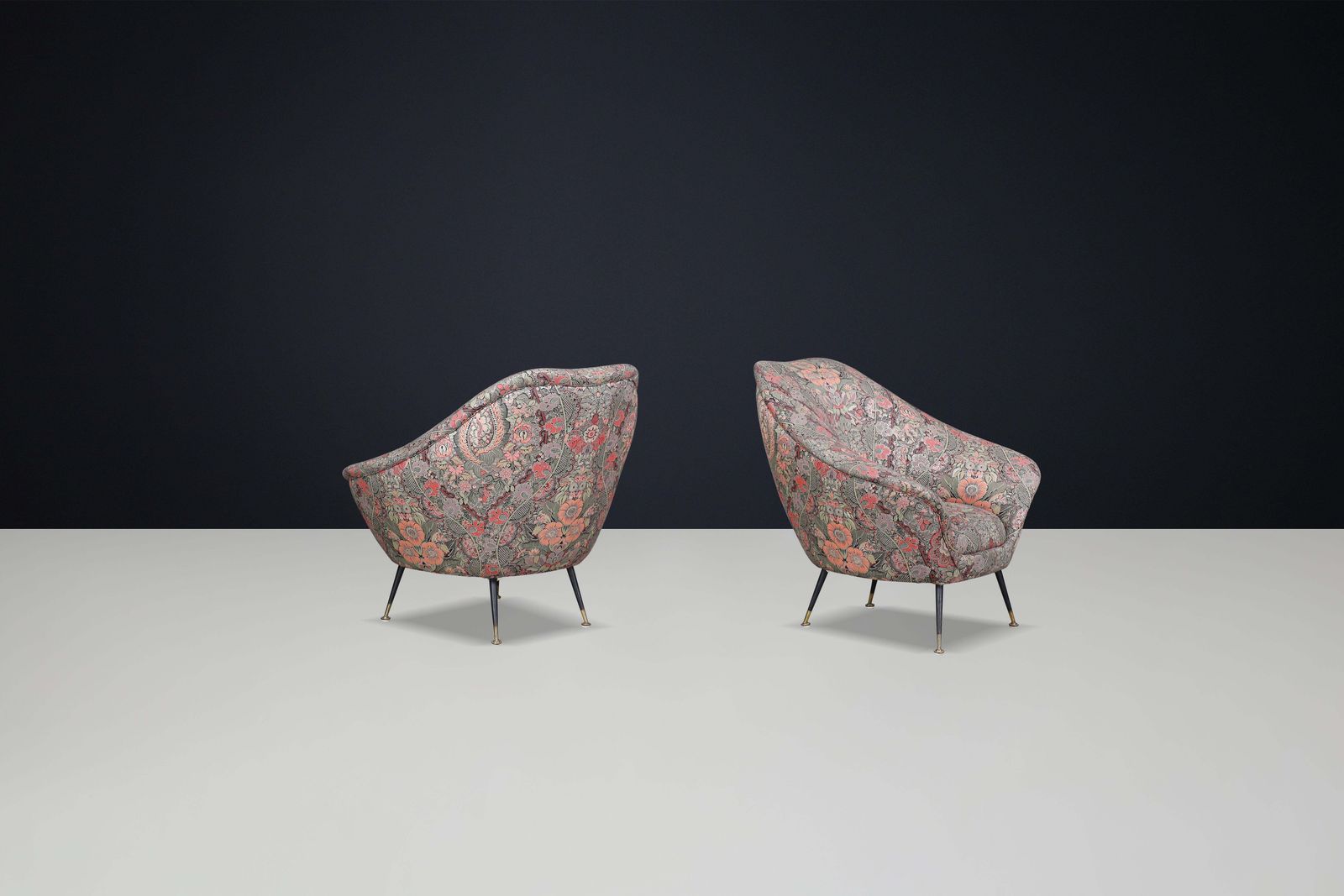 Federico Munari Armchairs In Original Floral Upholstery With Brass Feet. photo buy