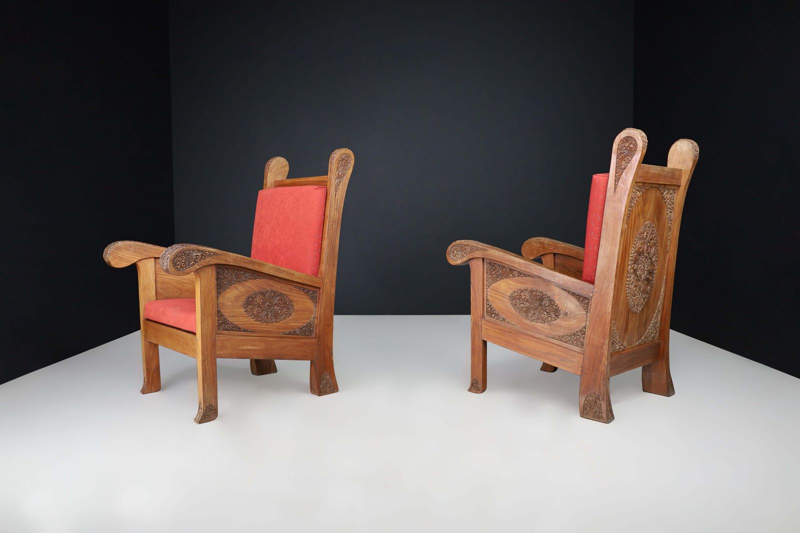 Hand Carved Walnut High Back Chairs, Indonesia, Early 20th Century photo furniture