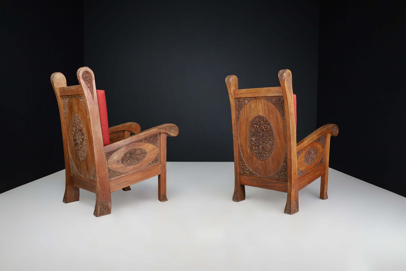 Hand Carved Walnut High Back Chairs, Indonesia, Early 20th Century photo 8088.0