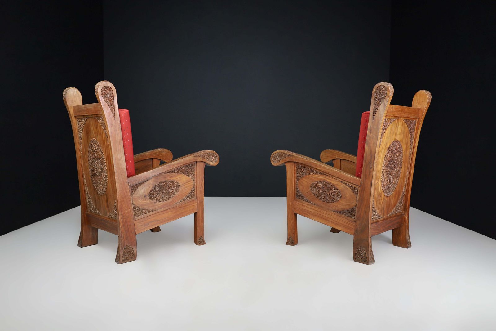 Hand Carved Walnut High Back Chairs, Indonesia, Early 20th Century photo vinterior