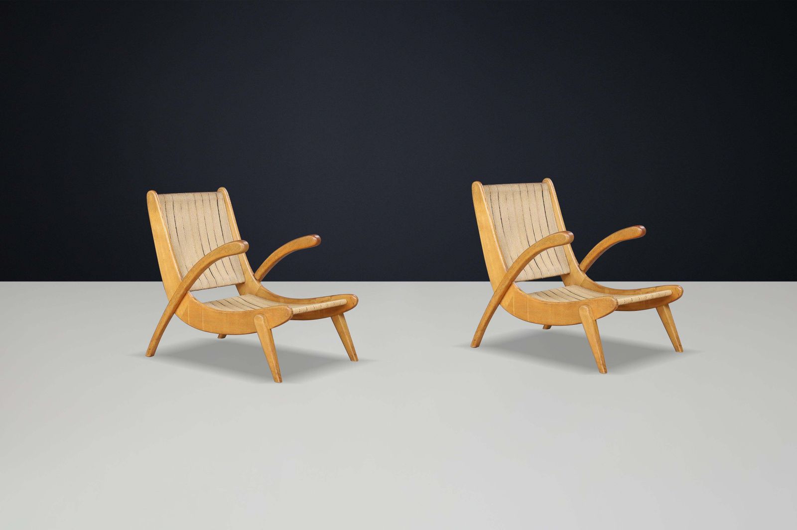 Jan Vanek's Curved Easy Chairs Curved Oak, Canvas And Original Upholstery 1950s photo vinterior