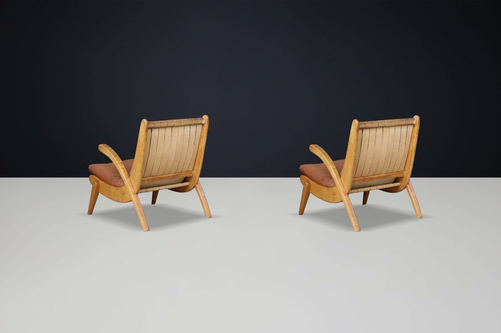 Jan Vanek's Curved Easy Chairs Curved Oak, Canvas And Original Upholstery 1950s photo vintage