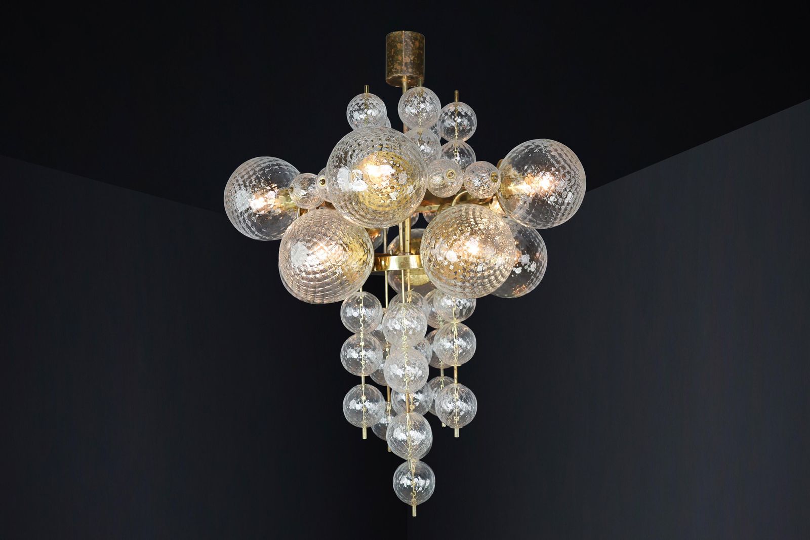 Chandelier With Patinated Brass Fixture And Hand Blowed Glass Globes  Cz 1960s photo 8393.0