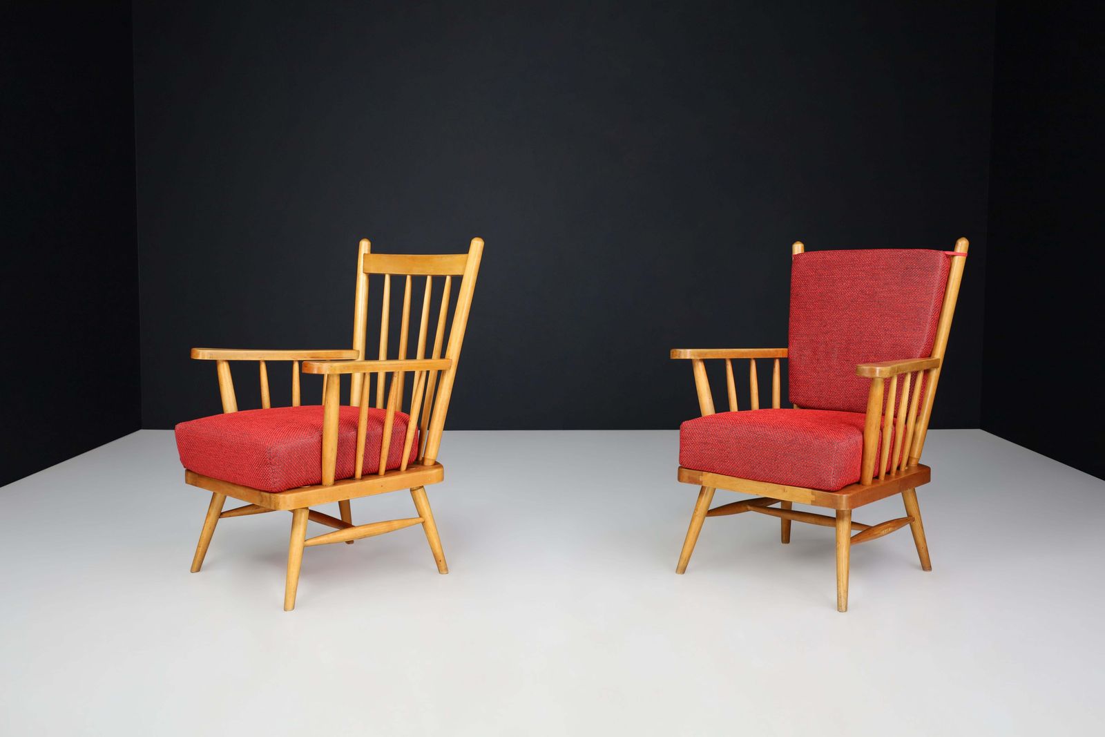 Pair Of Scandinavian Mid Century Modern Lounge Chairs In Beech & Red Upholstery. photo vinterior