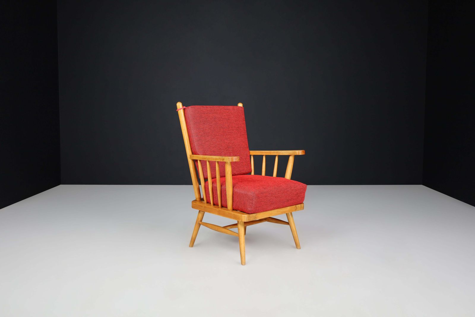 photo for sale Pair Of Scandinavian Mid Century Modern Lounge Chairs In Beech & Red Upholstery.