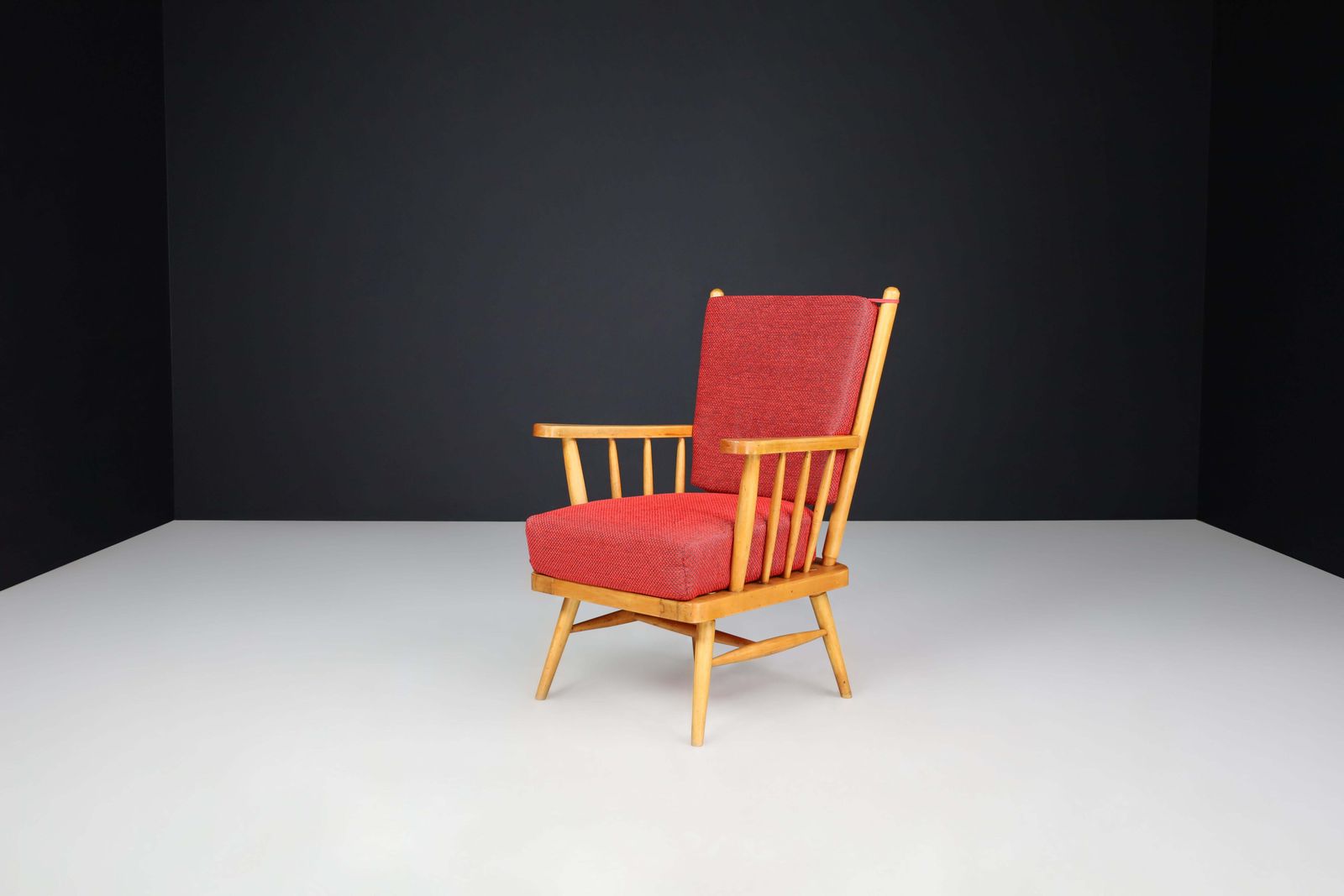 3099.0 Pair Of Scandinavian Mid Century Modern Lounge Chairs In Beech & Red Upholstery. photo