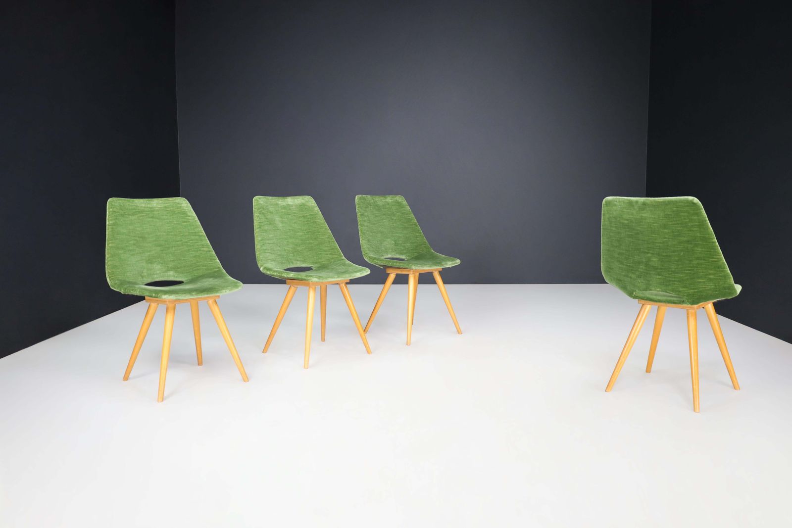 Set Of 4 Original Thonet Dining Chairs In Green Velvet, 1950s photo 2204.0