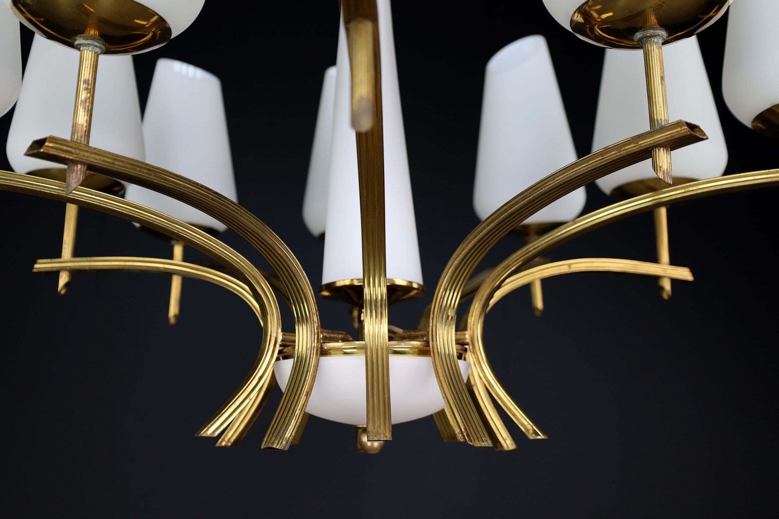 Elegant Mid Century Modern Brass And Opaline Glass Chandelier, France, 1950s photo vintage