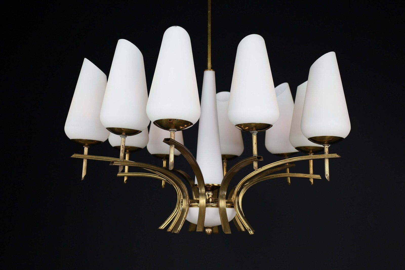 photo furniture Elegant Mid Century Modern Brass And Opaline Glass Chandelier, France, 1950s