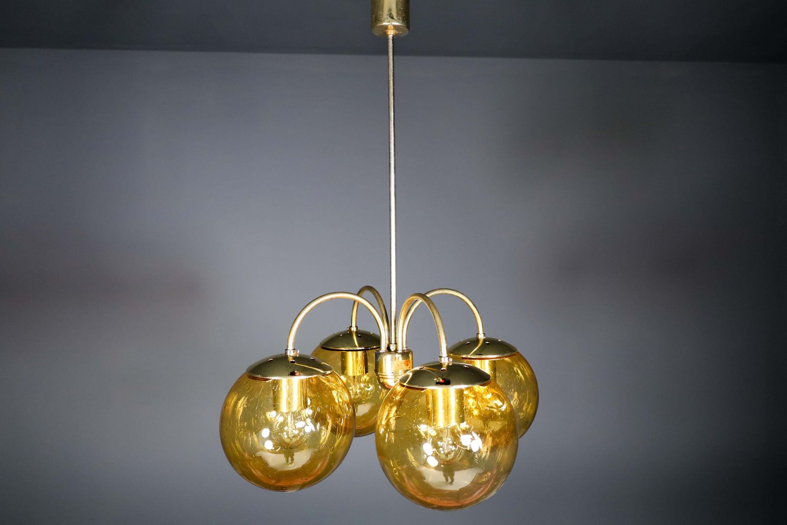 Large Chandelier In Amber Hand Blown Colored Glass Globes & Brass, Europe, 1970s photo Lighting