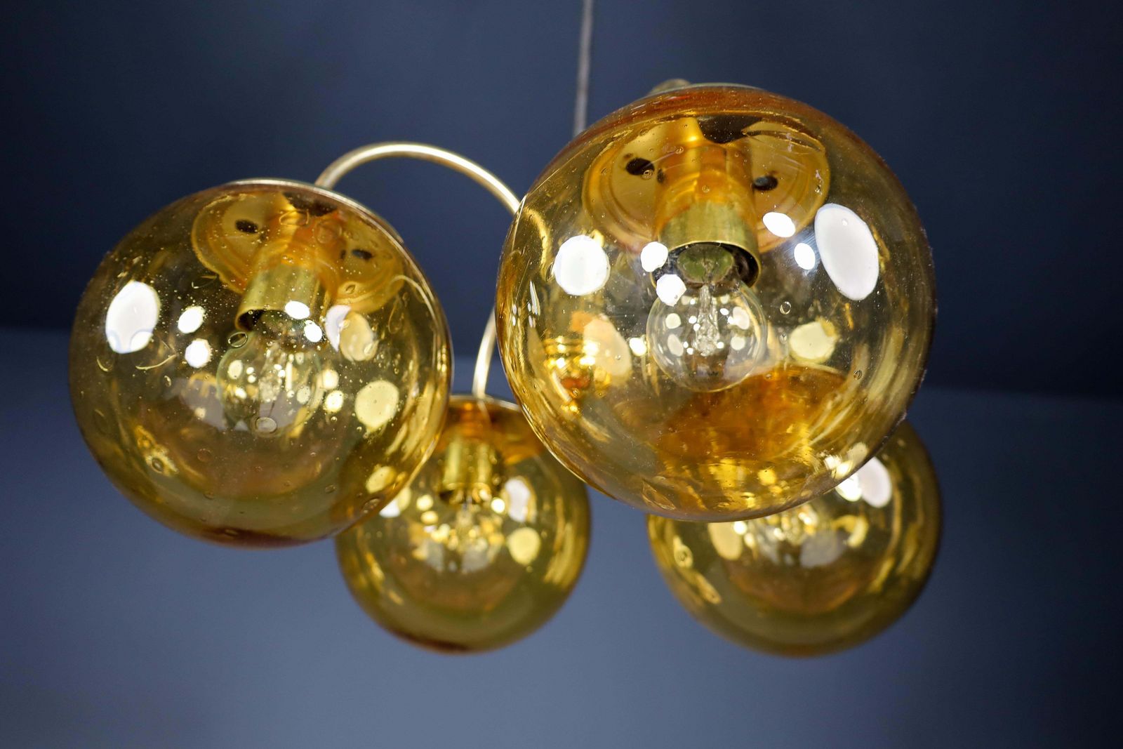 photo furniture Large Chandelier In Amber Hand Blown Colored Glass Globes & Brass, Europe, 1970s