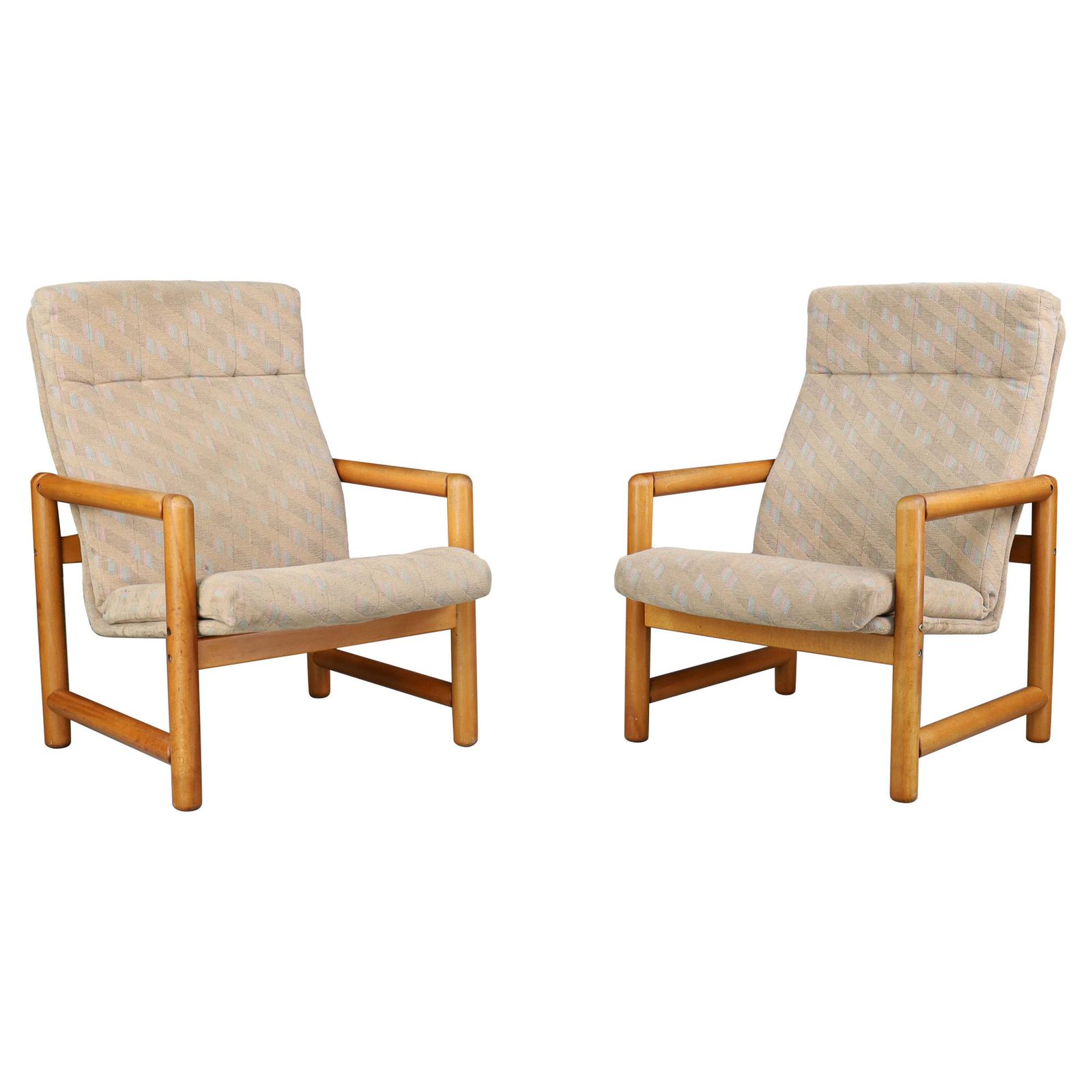Pair Of 1970s Ton Beechwood Lounge Chairs With Original Upholstery