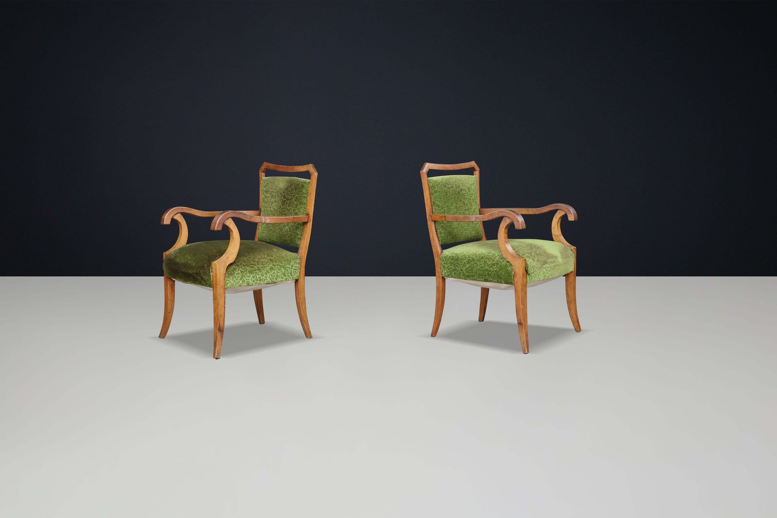 Sculptural Walnut Art Deco Armchairs With Original Green Floral Upholstery Italy photo vinterior