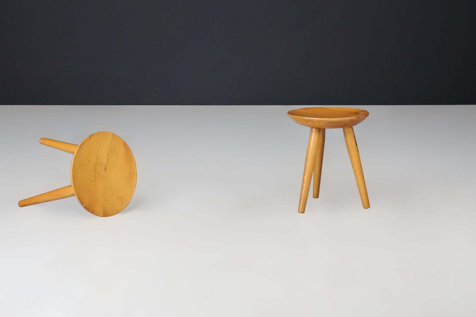 Pair Of French Mid Century Elm Wood Tabourets – France, 1950s photo vinterior