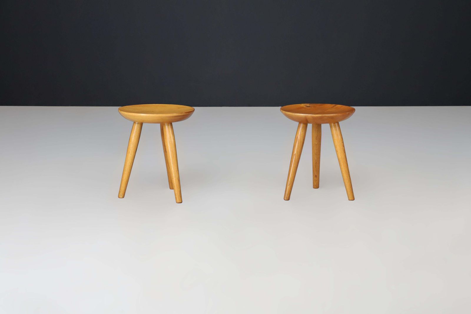 photo furniture Pair Of French Mid Century Elm Wood Tabourets – France, 1950s