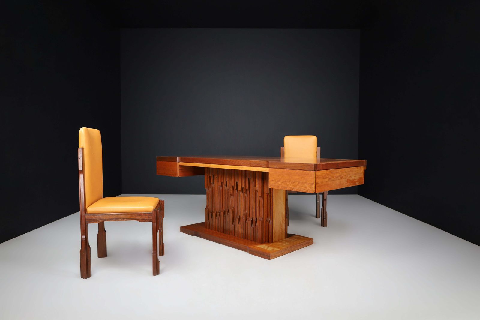 photo vinterior Luciano Frigerio Presidential Writing Desk In Walnut, Italy 1970s