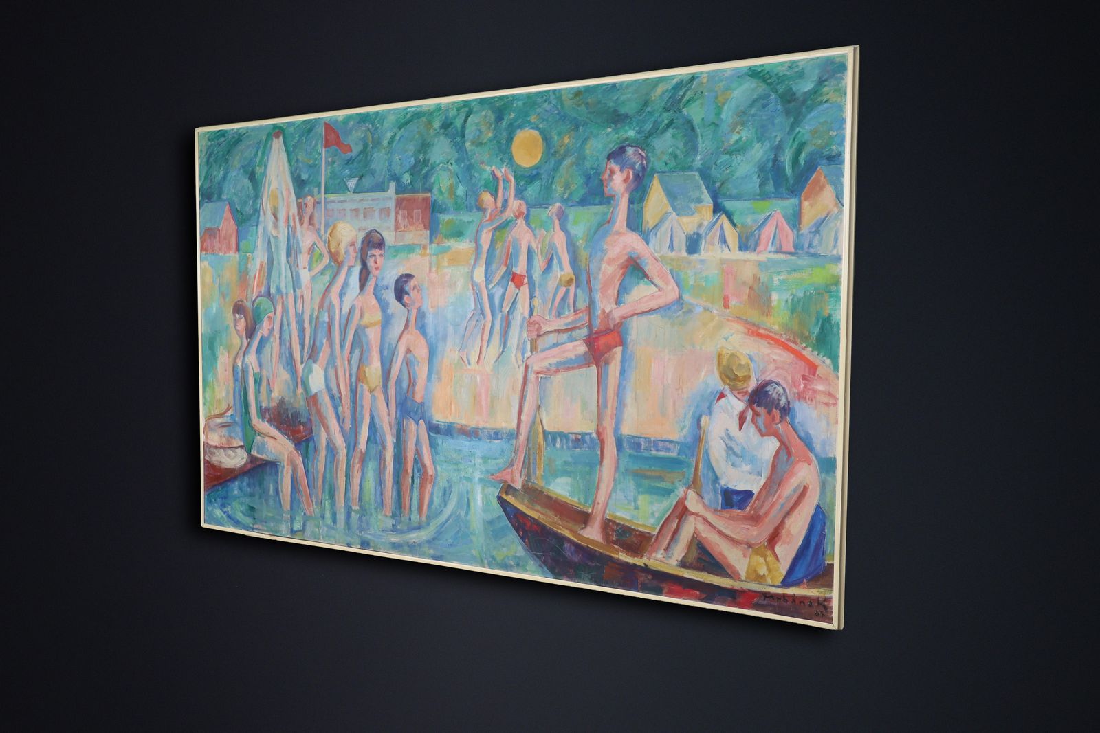 Monumental Modernist Painting ‘Swimmers’ By Urbanek, Prague 1963 photo vinterior