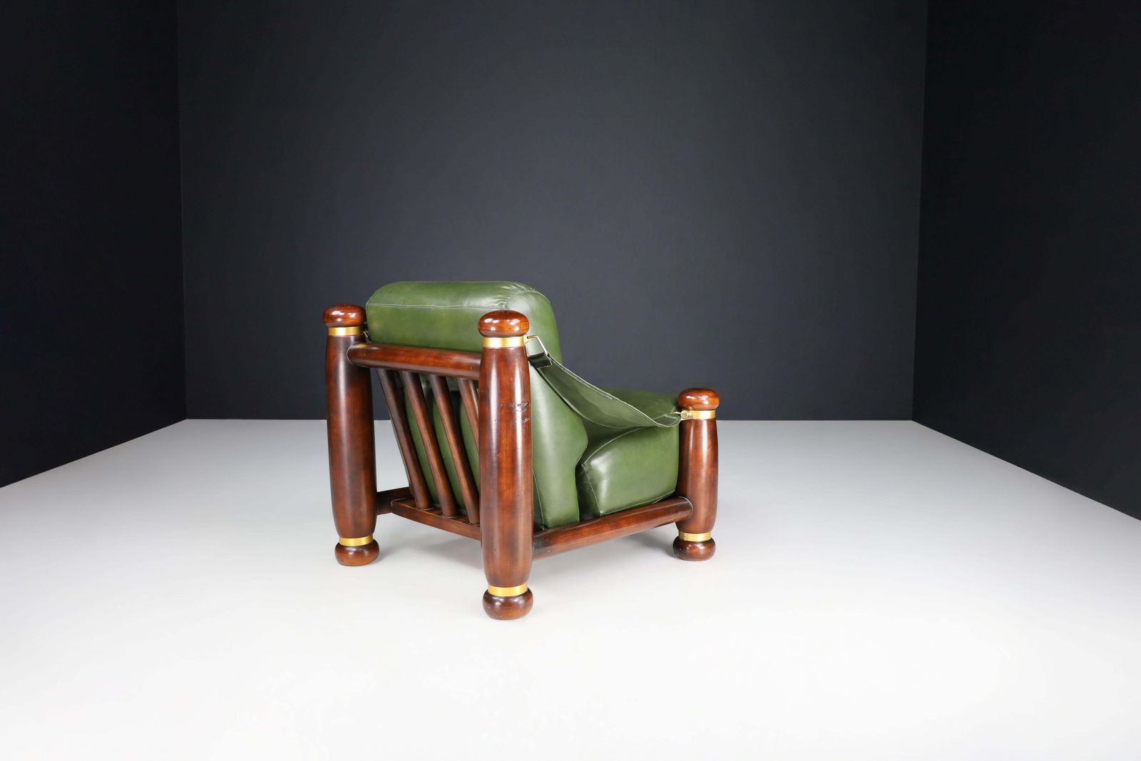 Walnut, Brass, And Green Leather Lounge Chairs From, Italy, 1960s photo Furniture