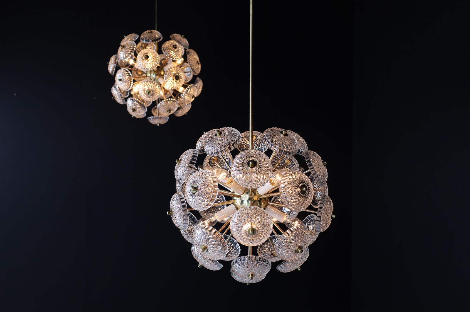 Mid Century Modern Brass Floral Glass And Brass Chandelier,  Europe, 1960s photo Lighting