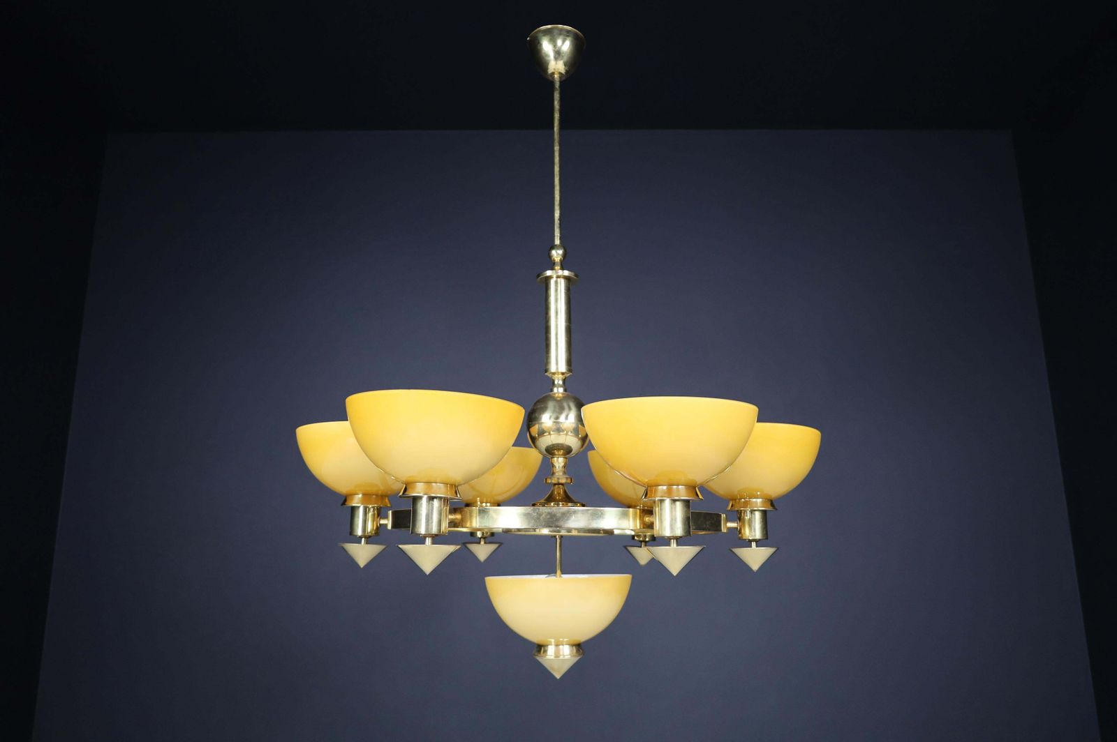 Sculptural Italian Xl Chandelier, Brass & Amber Gold Opaline Glass, 1970s photo furniture