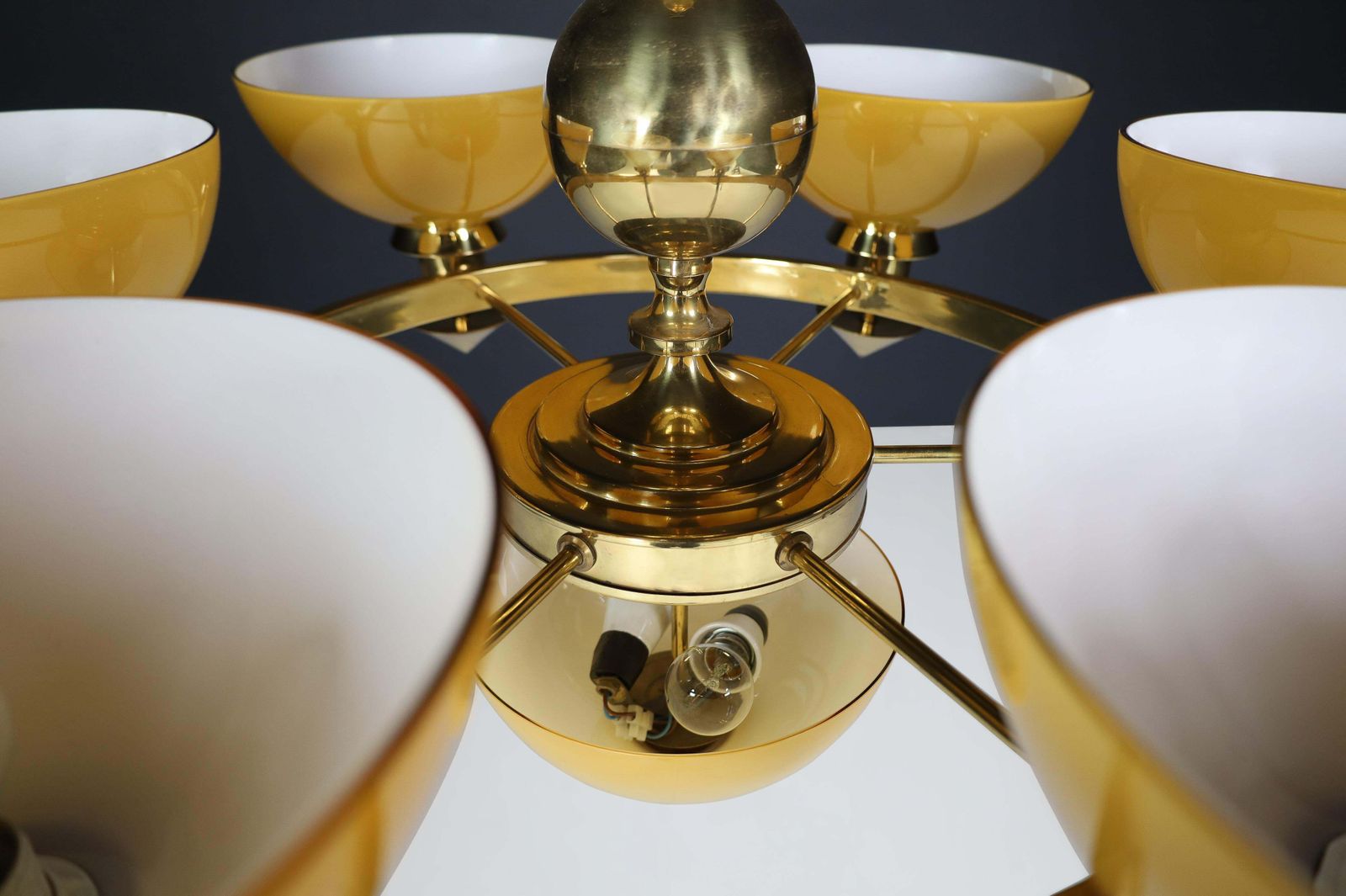 Sculptural Italian Xl Chandelier, Brass & Amber Gold Opaline Glass, 1970s photo Lighting