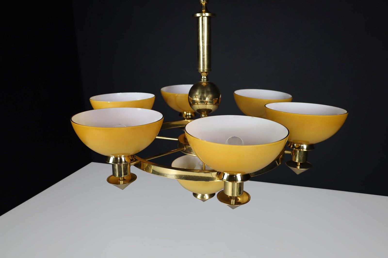 photo for sale Sculptural Italian Xl Chandelier, Brass & Amber Gold Opaline Glass, 1970s