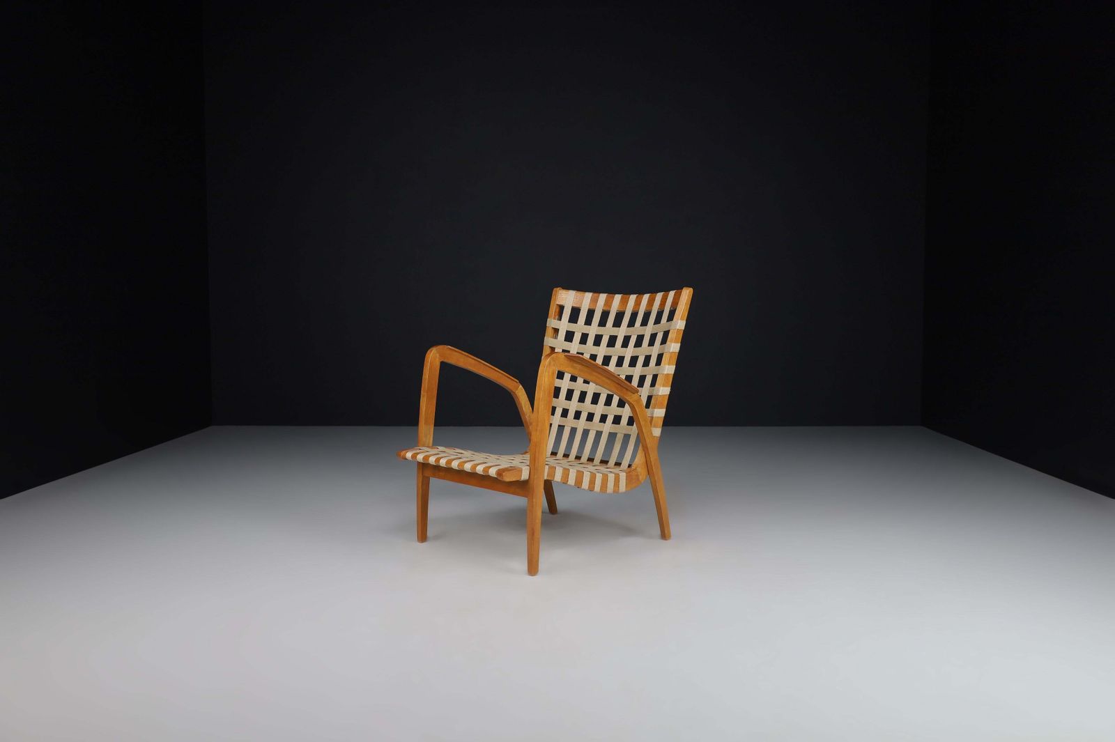 Jan Vanek Curved Easy Chair In Oak And Woven Canvas Straps, Praque 1930s photo 1727.0