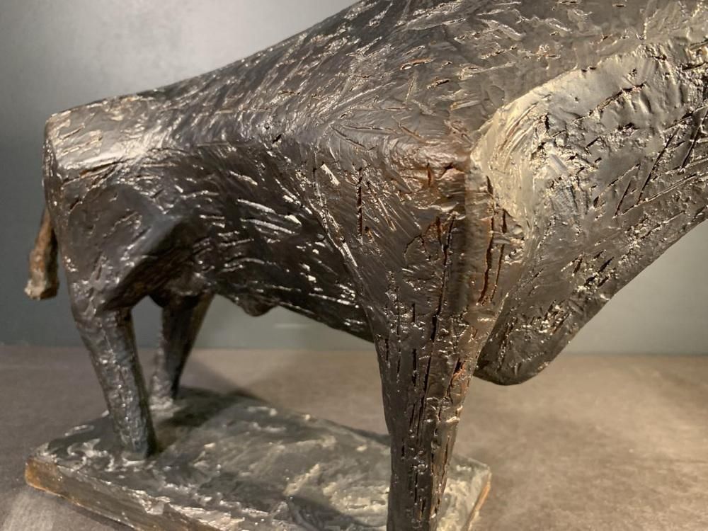 Brutalist Glazed Stoneware Bull Animal Sculpture By Mario Peruggini, 1960s photo vinterior