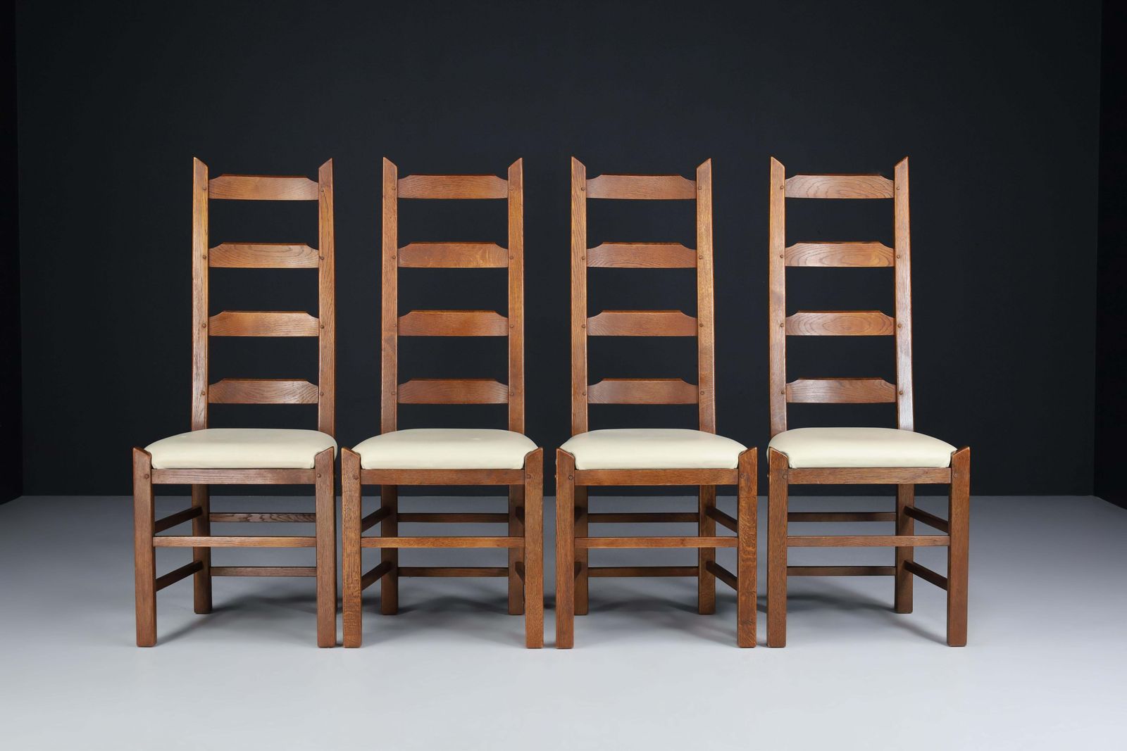Ladder Back Chairs Crafted In Oak And Leather Seats, France, 1950s photo vintage