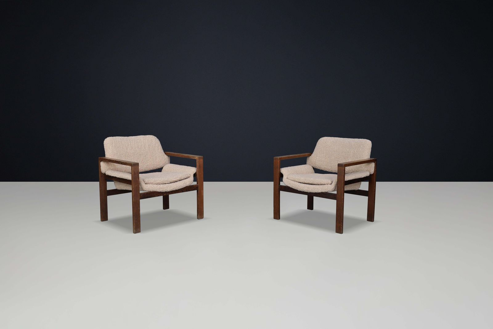 Scandinavian Modern Oak Armchairs With Teddy Upholstery, Finland, 1960s photo for sale