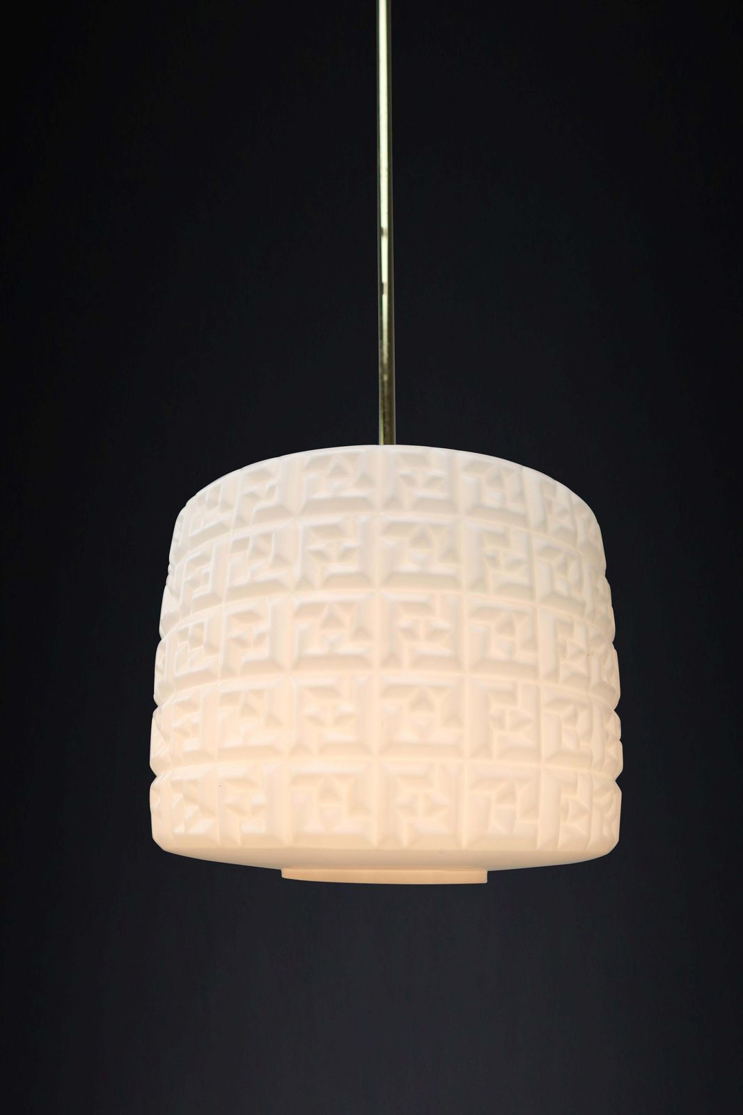 Mid Century Opaline And Brass Pendants With Ff Logo Czech Republic, 1970s photo vinterior