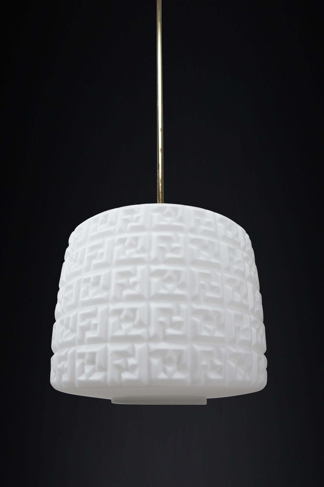photo for sale Mid Century Opaline And Brass Pendants With Ff Logo Czech Republic, 1970s
