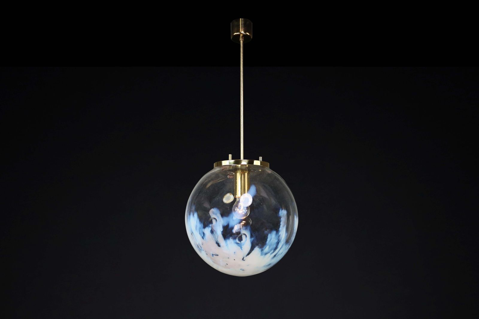 Mid Century Modern Pendant In Brass And Art Glass With White Streaks, Cz 1970s photo for sale