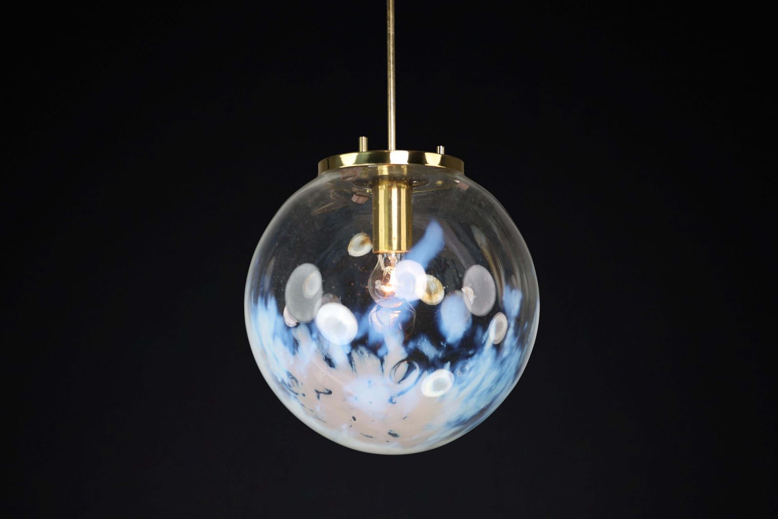 Mid Century Modern Pendant In Brass And Art Glass With White Streaks, Cz 1970s photo Lighting