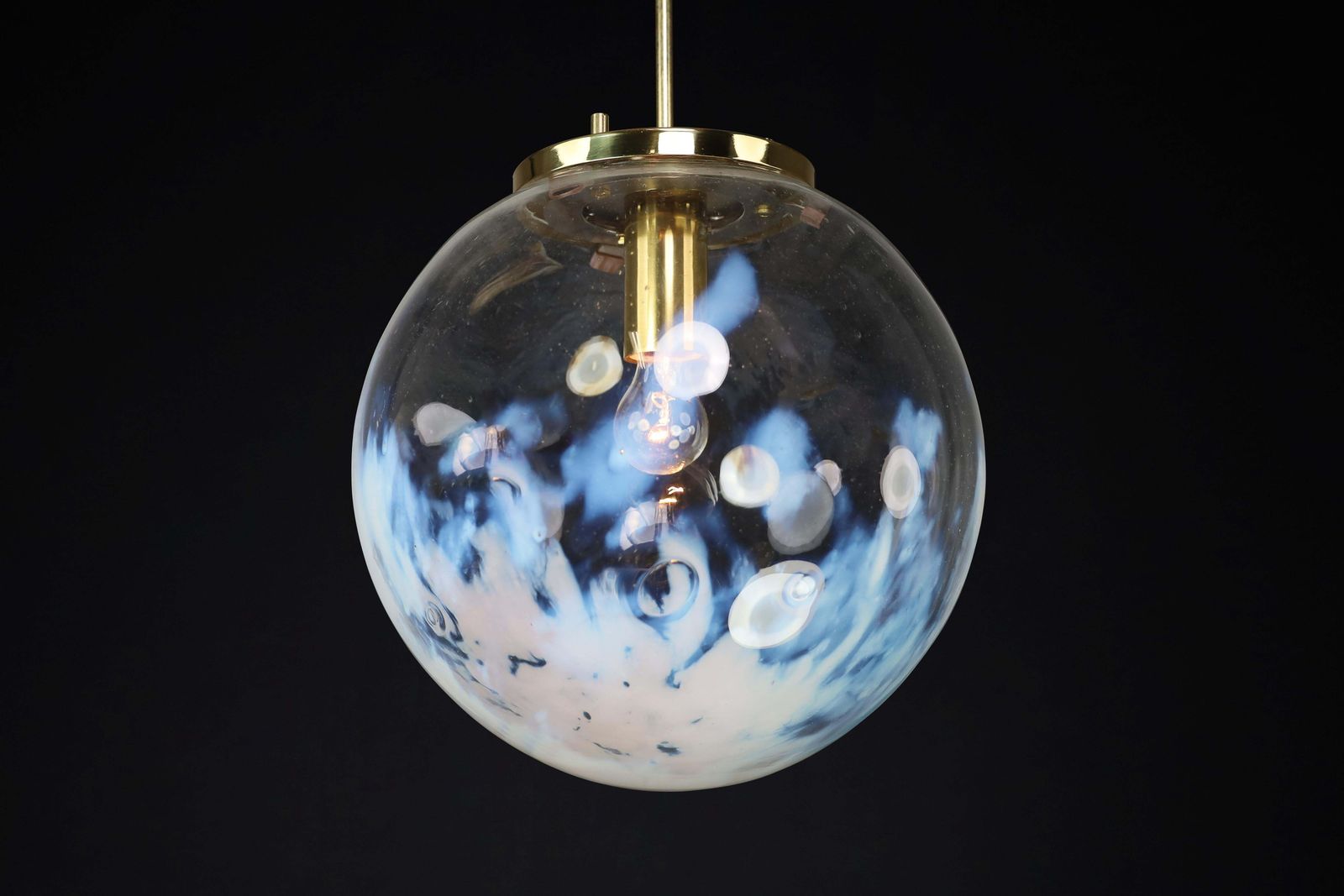 Mid Century Modern Pendant In Brass And Art Glass With White Streaks, Cz 1970s photo 1182.0