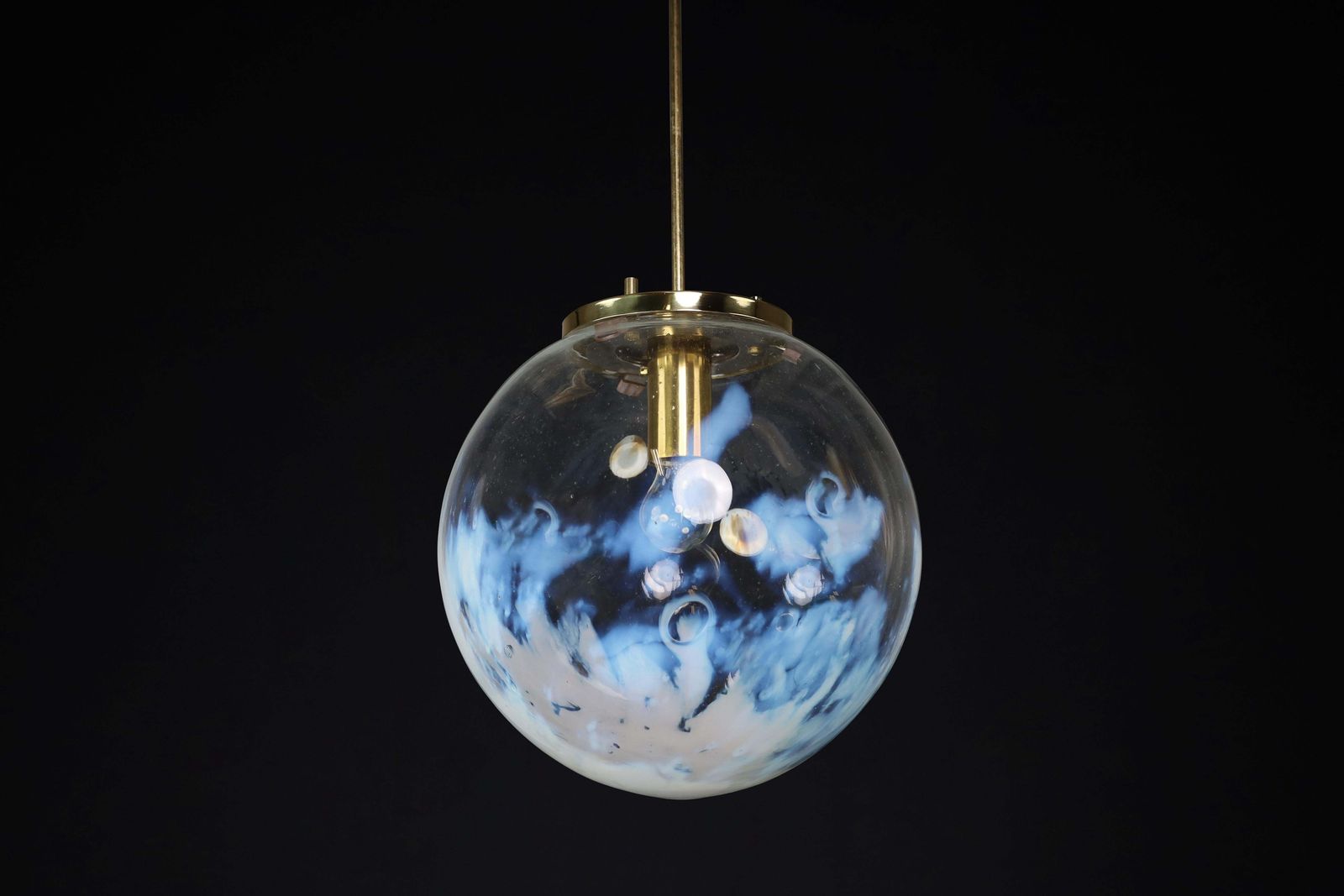 Mid Century Modern Pendant In Brass And Art Glass With White Streaks, Cz 1970s photo vintage