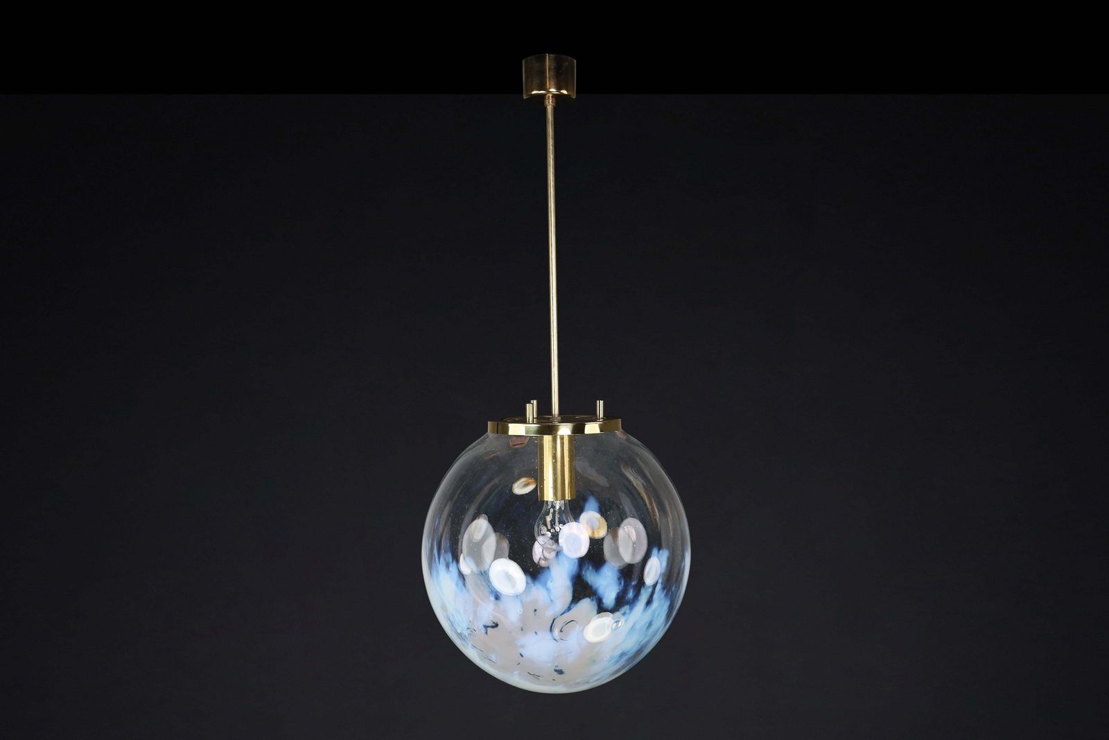 photo for sale Mid Century Modern Pendant In Brass And Art Glass With White Streaks, Cz 1970s