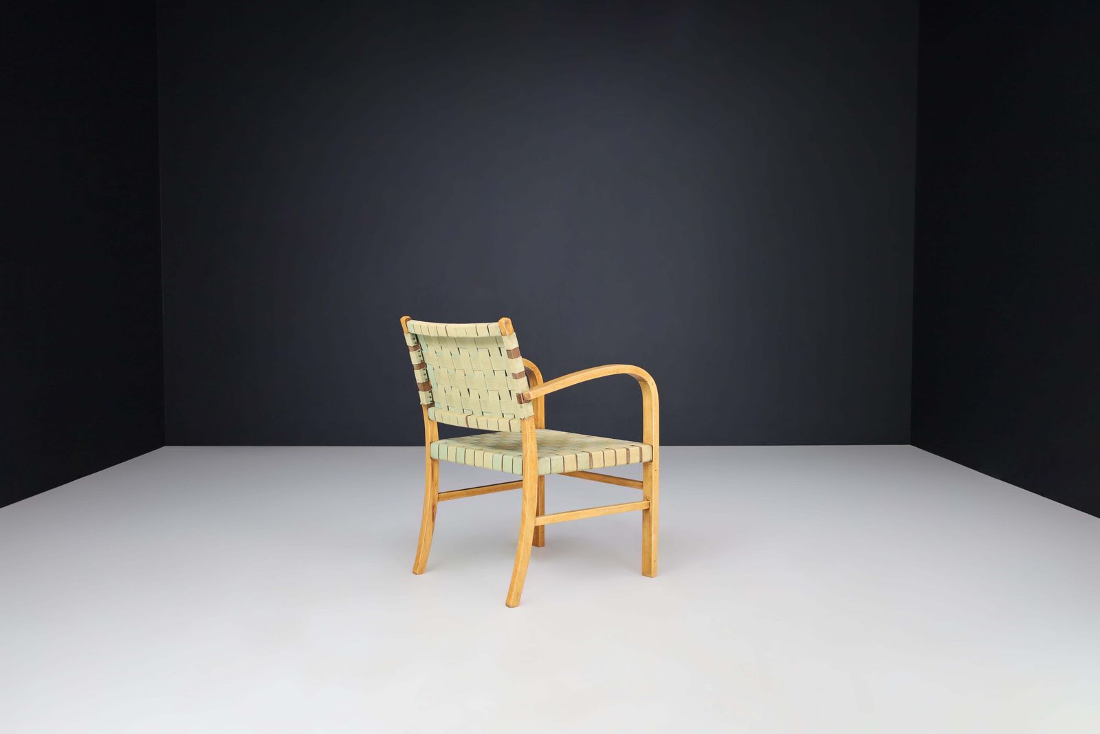Mid Century Modern Armchair In Beech And Patinated Canvas Webbing, France, 1950s photo Furniture