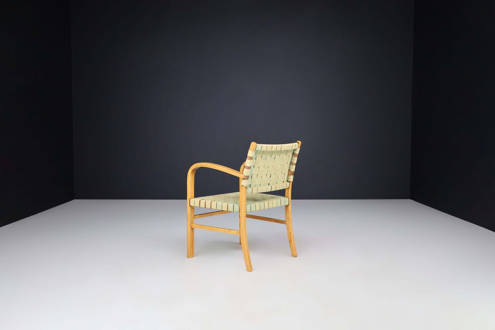 Mid Century Modern Armchair In Beech And Patinated Canvas Webbing, France, 1950s photo 1489.0