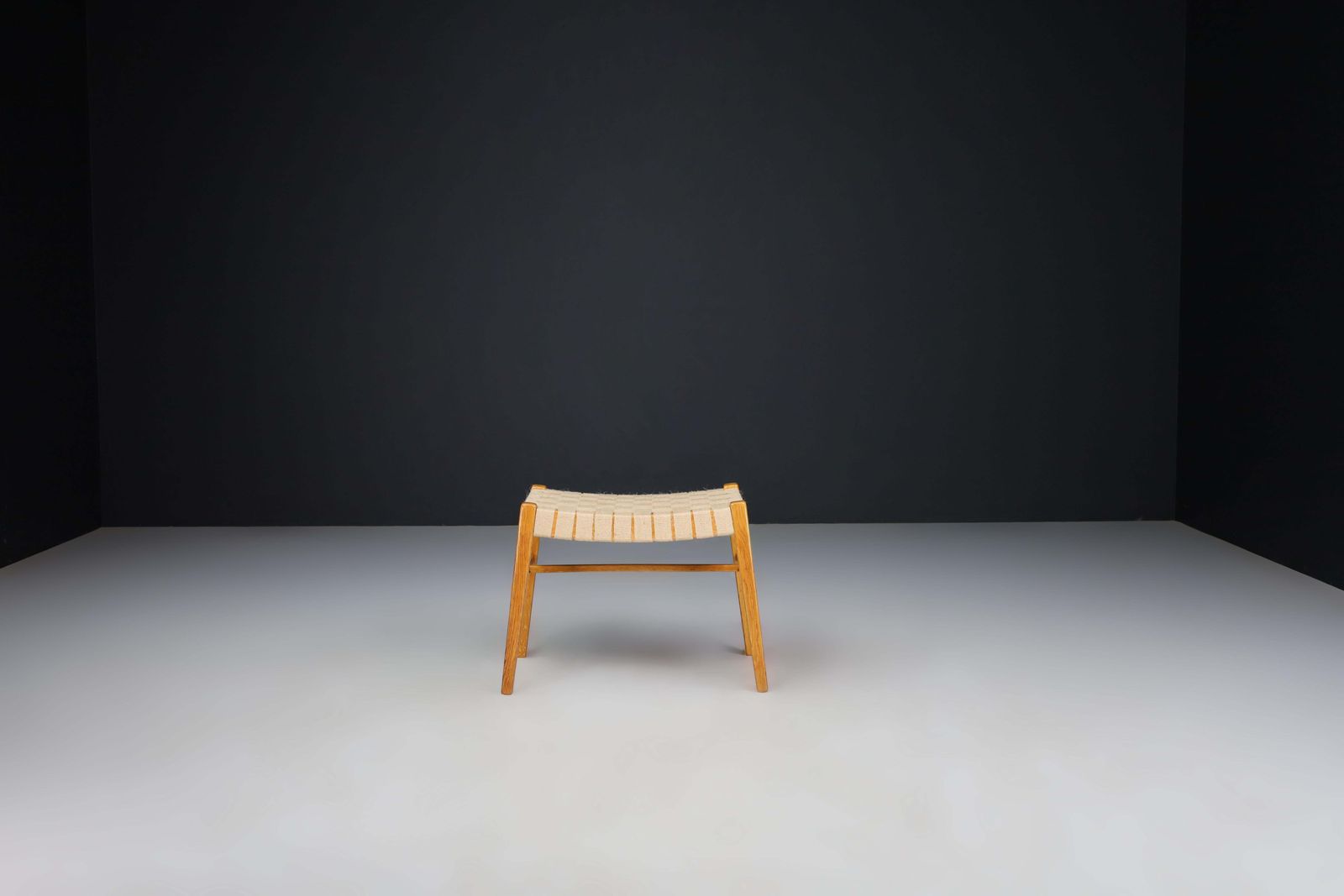 photo for sale Mid Century Modern Oak And Canvas Stool By Jan Vaněk, Prague, 1940s