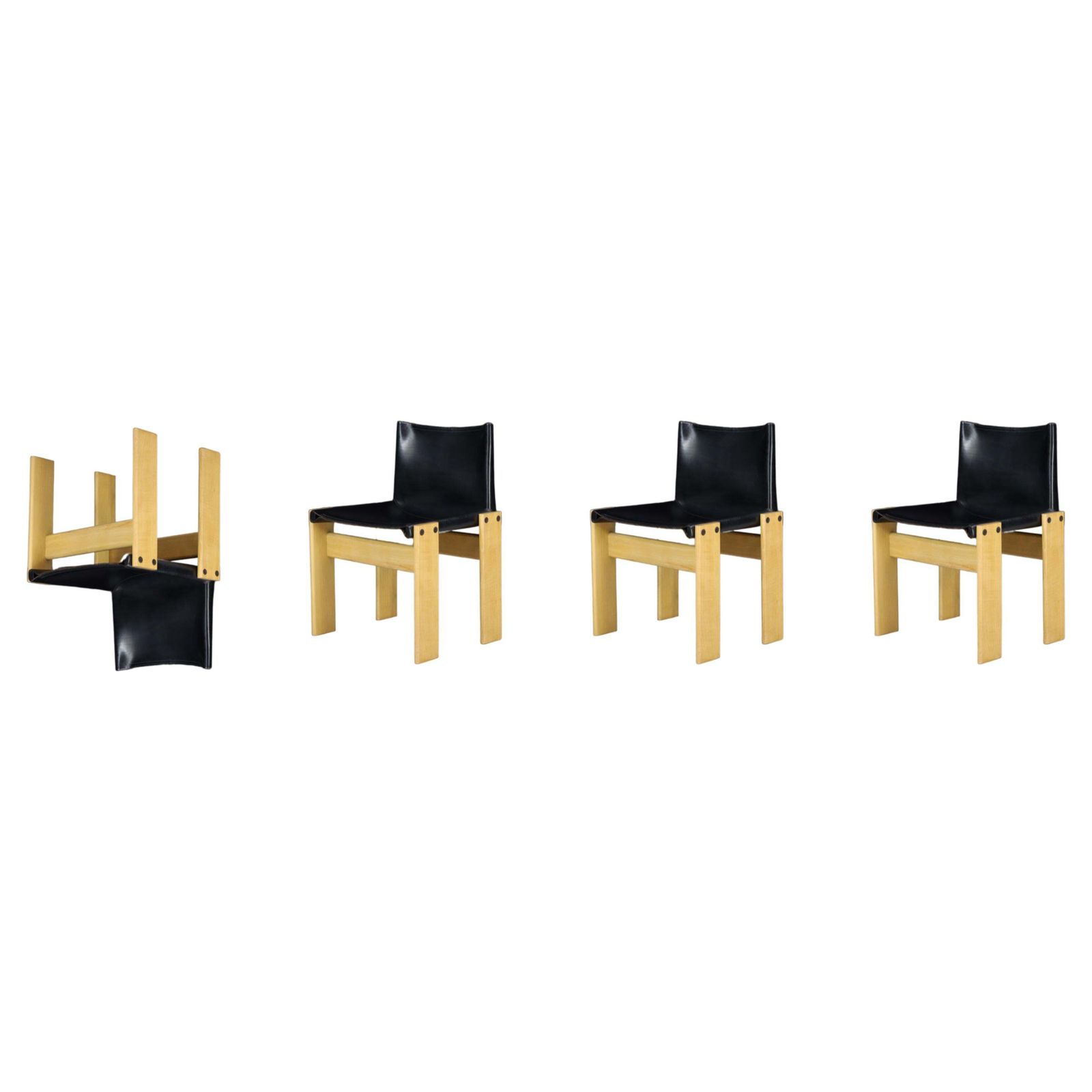Afra & Tobia Scarpa Black Leather "Monk" Dining Room Chairs For Molteni Set Of 4