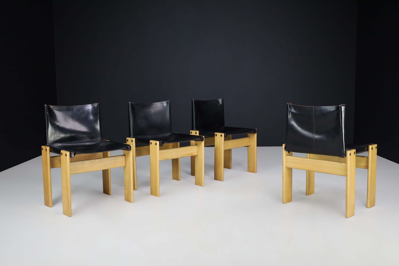 Afra & Tobia Scarpa Black Leather "Monk" Dining Room Chairs For Molteni Set Of 4 photo vinterior
