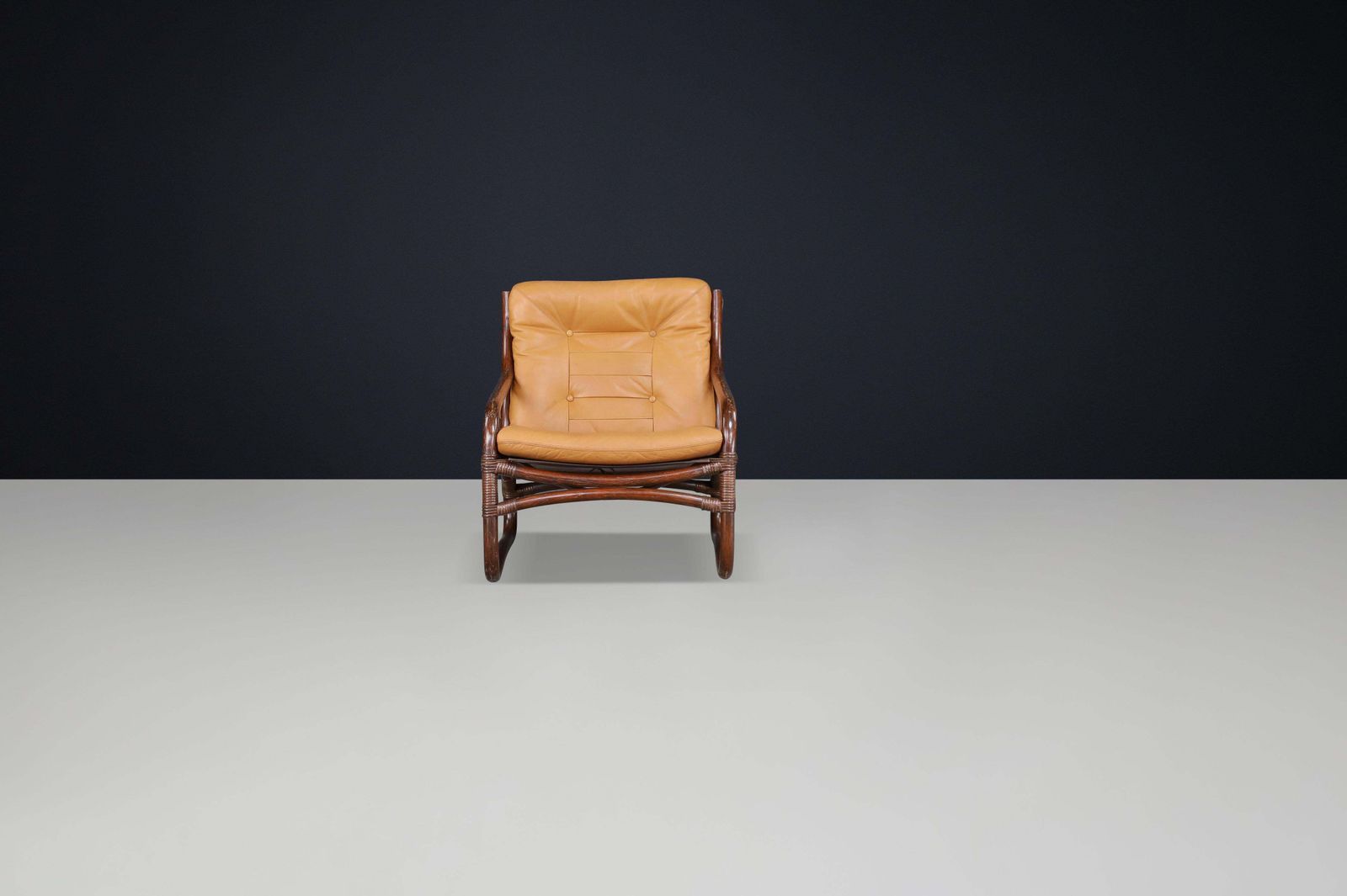 “Ecco” Easy Chair By Slettvoll In Cognac Leather And Rattan, Norway 1970s photo for sale