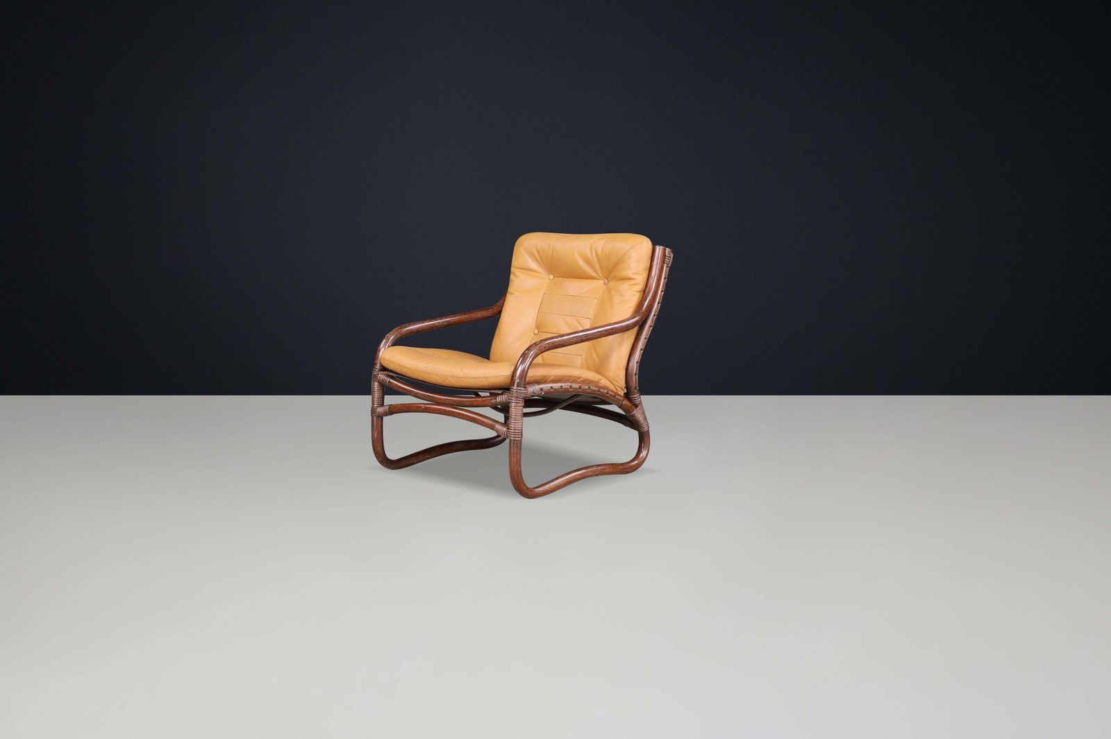 “Ecco” Easy Chair By Slettvoll In Cognac Leather And Rattan, Norway 1970s photo vintage